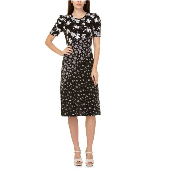 Embroidered Botanical-Print Dress BW Midi Classic Dark Romantic Wedding Guest - Picture 2 of 16